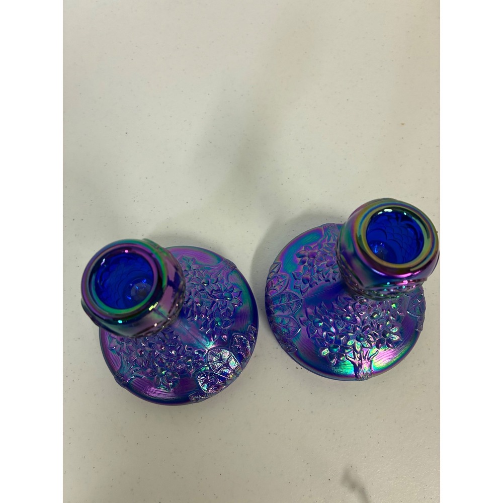 Fenton Cobalt Blue Carnival Glass Forget Me Not Candlestick Holders Pair 5.5in - Picture 3 of 8